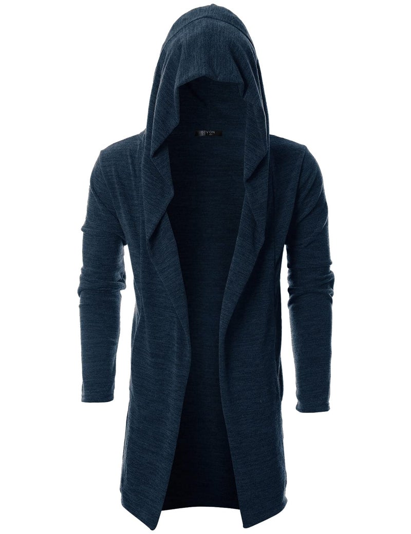 GIVON Men's Long Hooded Shawl Cardigan Open Front Gothic Cloak with Drape Design Shawl Collar / DCC255-NAVY-L - Image 2