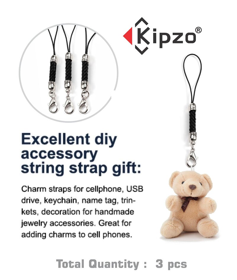 KIPZO® Black Pack of 3 pcs Phone charm lanyard Strap lobster clasp lock cord mobile Cover keyring key chain Pendrive Badge Holders cute for girls DIY Jewellery accessory decorative thread Ring Hook - Image 5