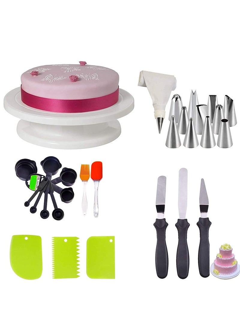 BAKING SET Baking Set Cake Decorating Kits Cake Turntable 12 Numbered Cake Decorating Tips3 Palette Knives 3 Icing Smoother 1 Silicone Piping Bag 1 Coupler 1 Set Brush Spatula 8 pc Measuring Cup Spoons  - Image 1
