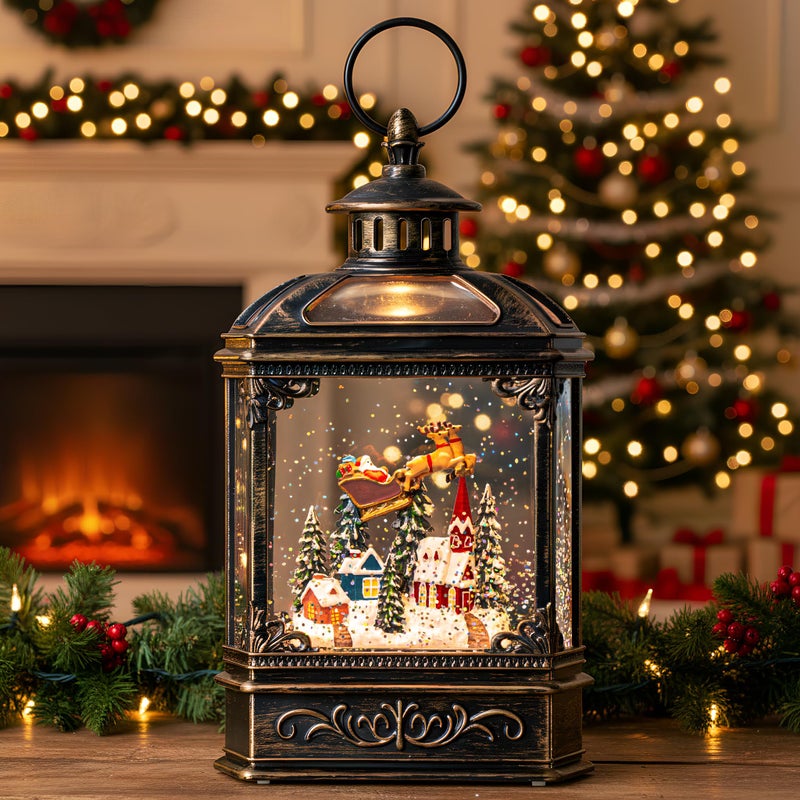 VISFLAIR Christmas Snow Globe Lighted Church Flying Santa Scene Musical Snow Water Lantern Swirling Glittering Home Decoration and Gift Battery Operated or USB Powered