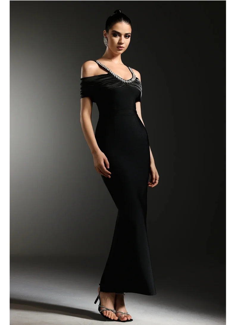 Bella Barnett  Yamia Sleeveless Off The Shoulder Diamond Bandage Maxi Dress for Women | Best Price UAE