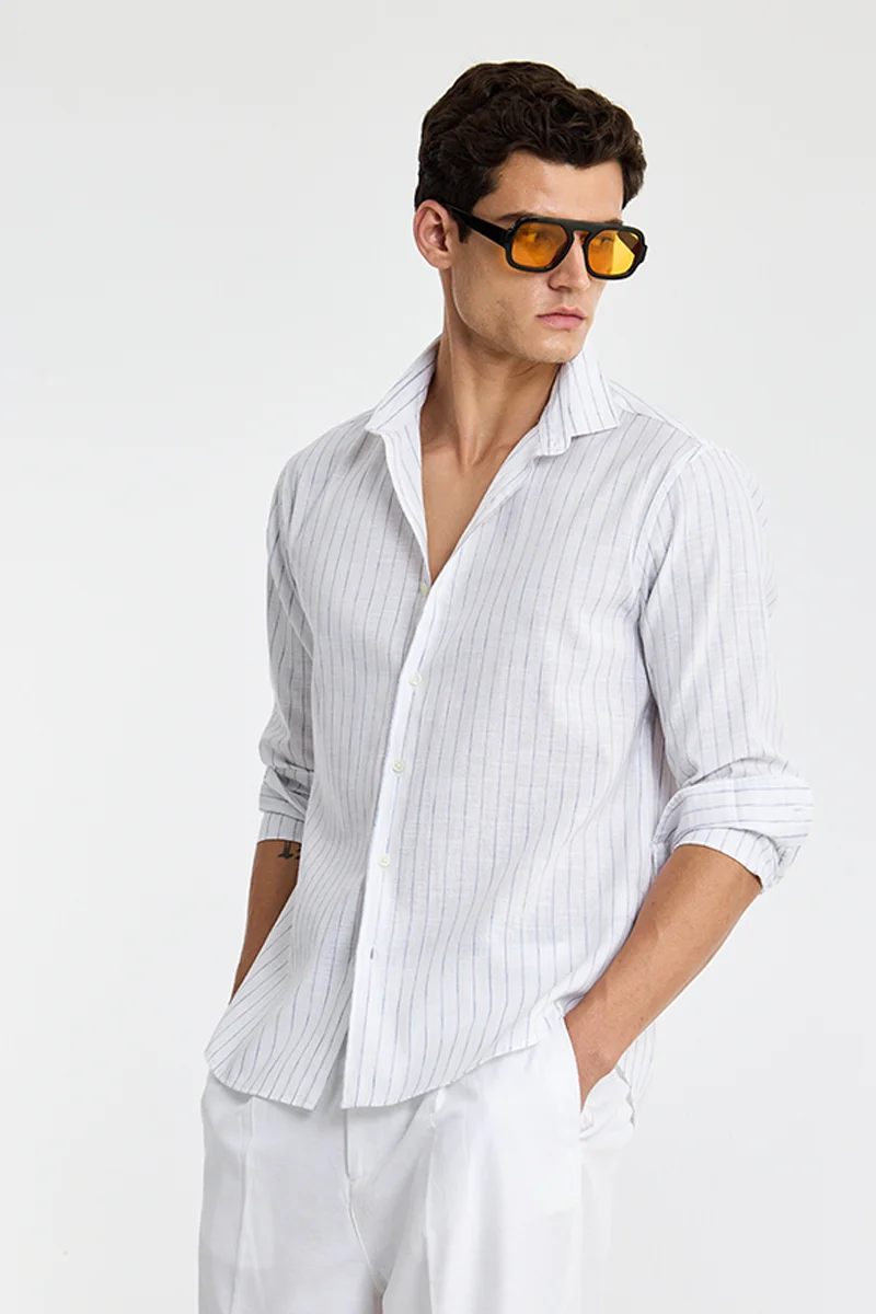 سنيتش White Striped Long Sleeve Regular Fit Casual Shirt