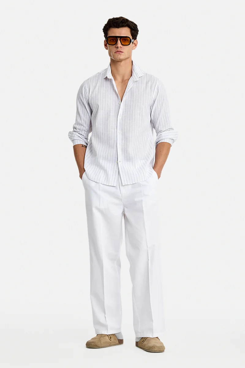 سنيتش White Striped Long Sleeve Regular Fit Casual Shirt