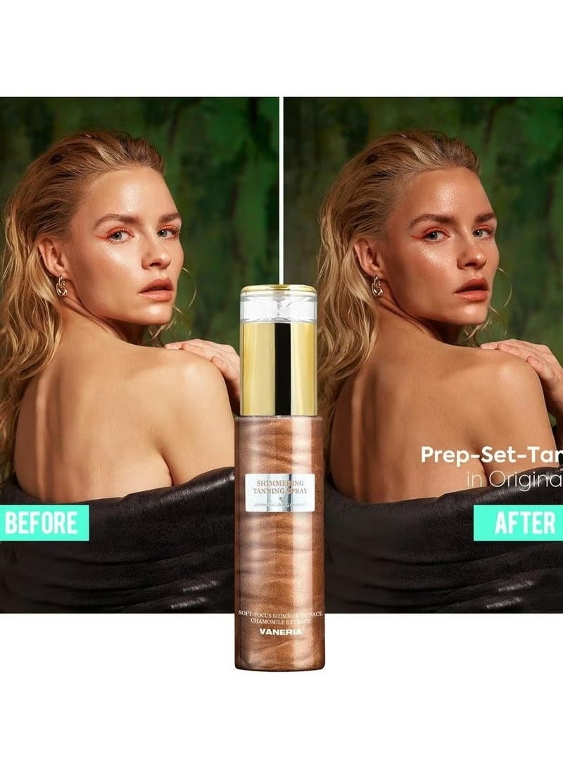 VANERIA Shimmering Spray Tanning with Mitt, Long-Lasting, Instant Tan Spray with Mica, Streak-Free, Self Tanner Spray Quick Tan, Hydrating 80ml /2.7 Fl.Oz - Image 3
