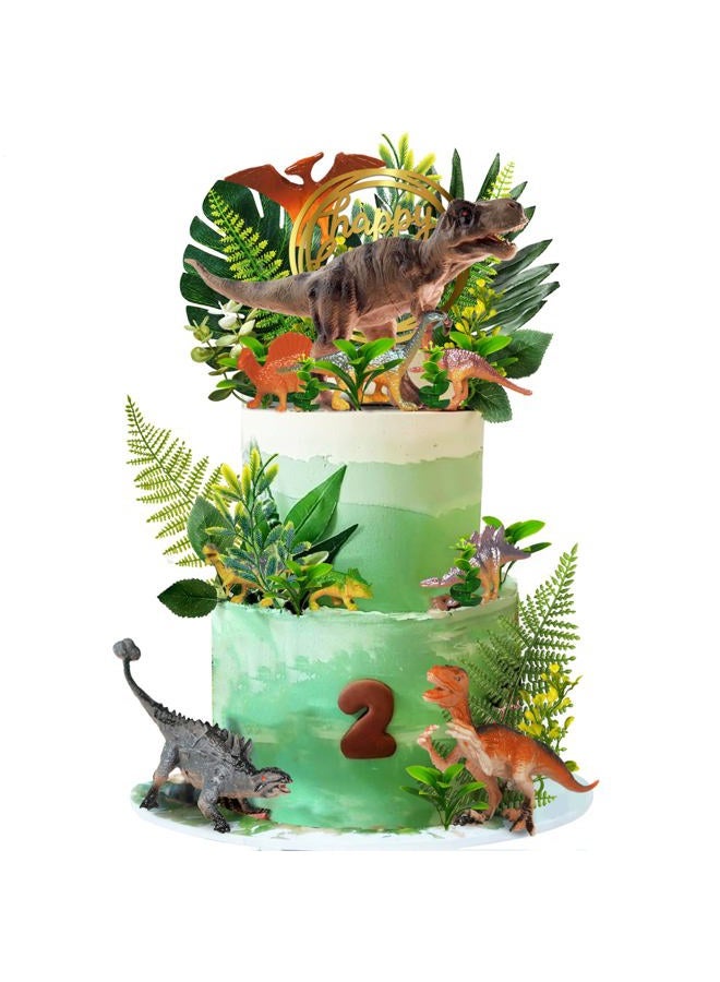 DRWATE Dinosaur Cake Toppers Dinosaur Toy Artificial Plants Grass Cake Decorations for Boy Girl Kid Birthday Baby Shower Dinosaur Theme Jungle Party Supplies (Style 2) - Image 1