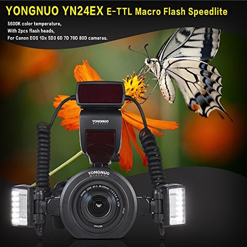 YONGNUO فلاش حلقة ماكرو يونغنو YN24EX TTL / فلاش LED ماكرو سبيدلايت مع 2 رأس فلاش و 4 حلقات محول لكانون (أسود) - Image 4