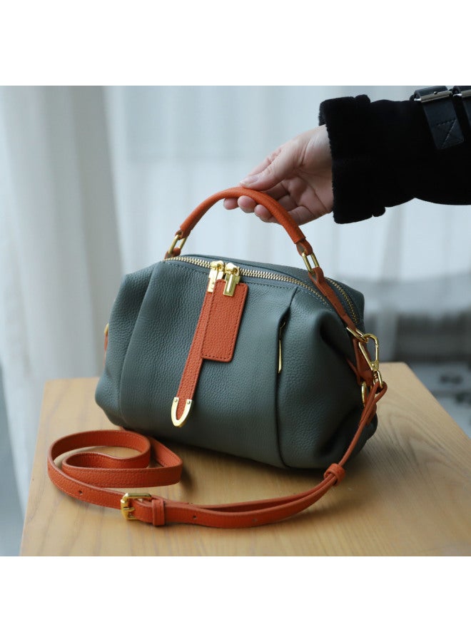 Jiulong Order New Women's Bag All-match First Layer Cowhide Contrast Color Women's Portable Shoulder Boston Bag - Image 1