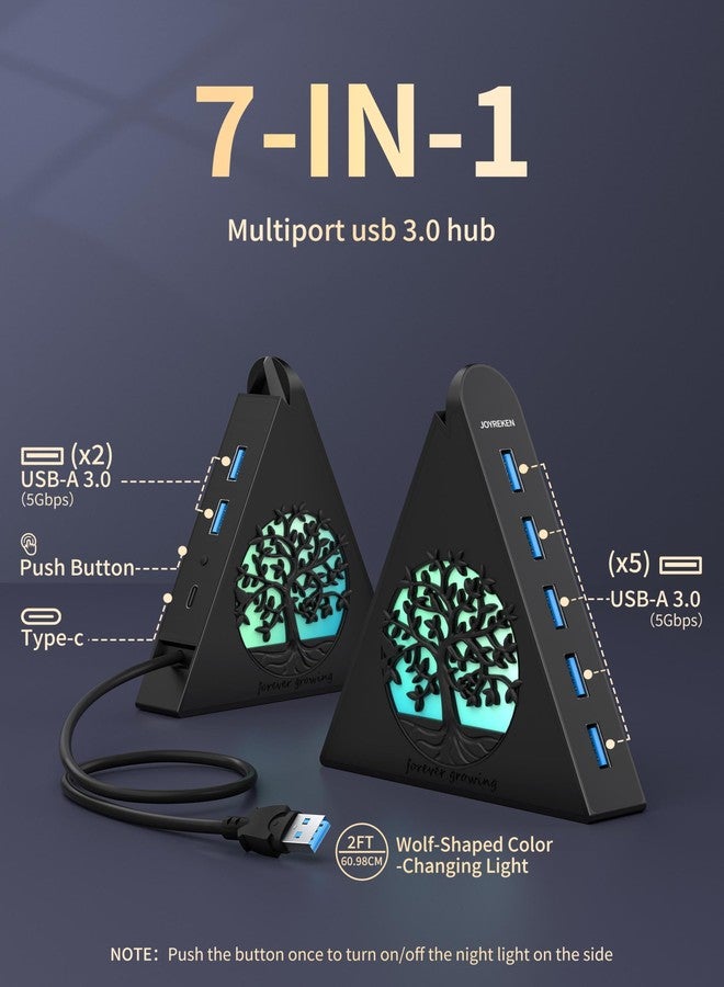 JoyReken 7-Port USB 3.0 Hub, Vertical USB Hub Splitter with RGB Tree Lighting, 5Gbps High-Speed Data Transfer and 2FT Extension Cable, Compatible with PC, MacBook, Laptop, PS5, Xbox, Flash Drive - Image 4