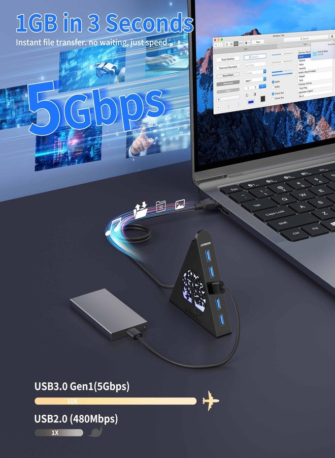 JoyReken 7-Port USB 3.0 Hub, Vertical USB Hub Splitter with RGB Tree Lighting, 5Gbps High-Speed Data Transfer and 2FT Extension Cable, Compatible with PC, MacBook, Laptop, PS5, Xbox, Flash Drive - Image 2