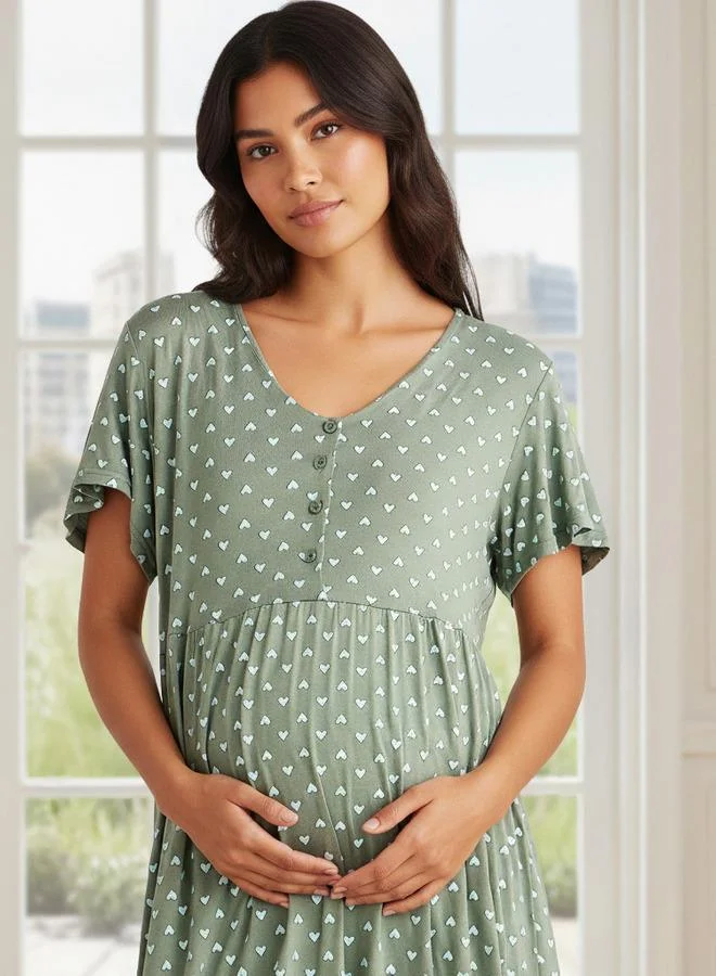 Splash FAV Maxi Maternity Night Dress Short Sleeves with Heart Print