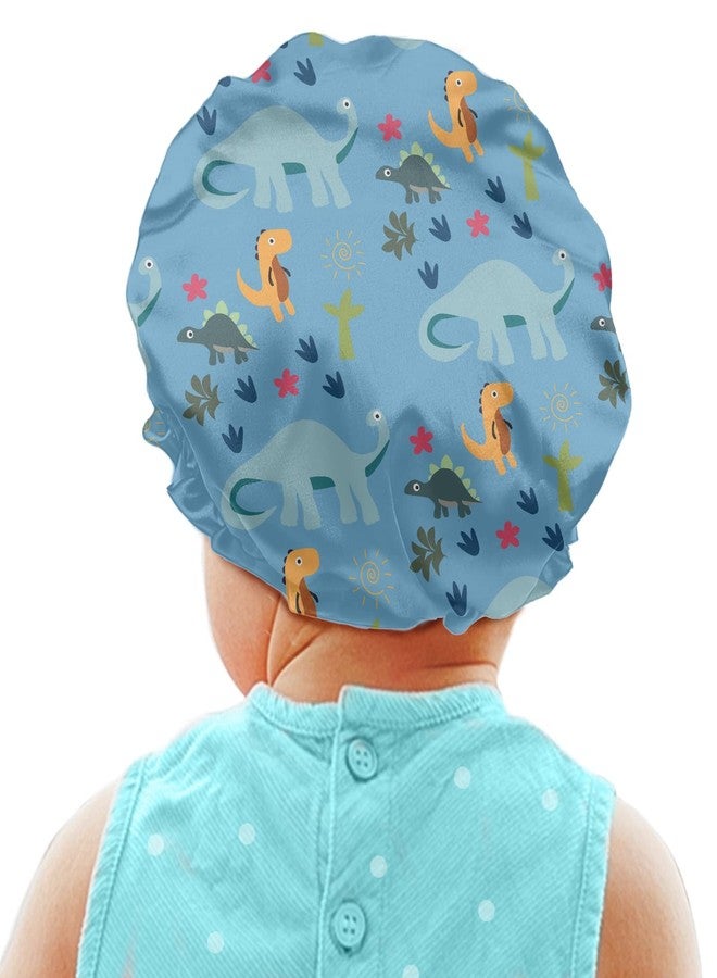 Babrukda Dinosaur Blue Print Kids Satin Sleep Cap, Elastic Adjustable Band Hat Night Sleeping Head Cover for Hair Stylish Satin Bonnet Breathable Beanie Hat for Girls Boys Toddler Baby - Image 1