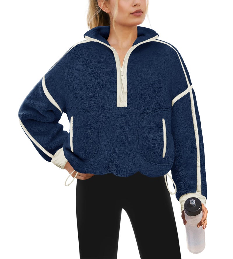 Yanekop 1/4 Zip Pullover Women Zip Up Sweatshirt Fleece Pullover Christmas Sweaters Long Sleeve V Neck Sweaters(Navy Blue 1,XL) - Image 1