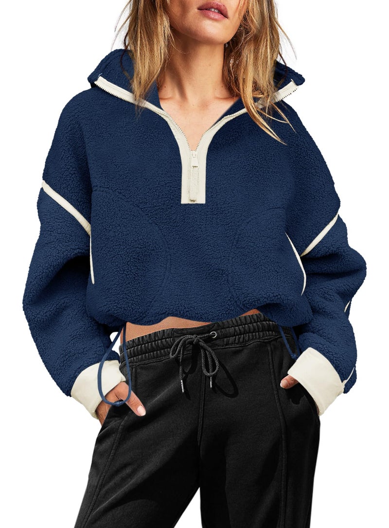 Yanekop 1/4 Zip Pullover Women Zip Up Sweatshirt Fleece Pullover Christmas Sweaters Long Sleeve V Neck Sweaters(Navy Blue 1,XL) - Image 2