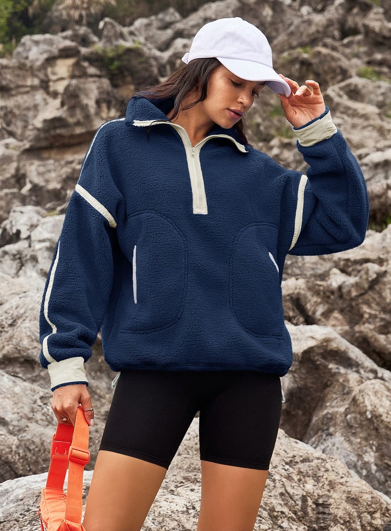 Yanekop 1/4 Zip Pullover Women Zip Up Sweatshirt Fleece Pullover Christmas Sweaters Long Sleeve V Neck Sweaters(Navy Blue 1,XL) - Image 3