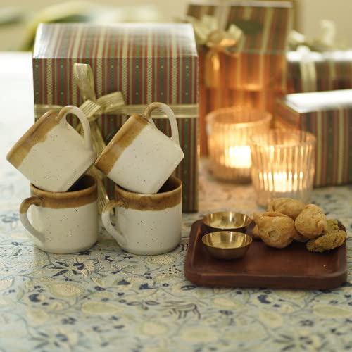 Courtyard Ceramic & Wood & Cast Brass Mandore Tea and Snack Gift Set|White & Brown & Gold|100 ML|