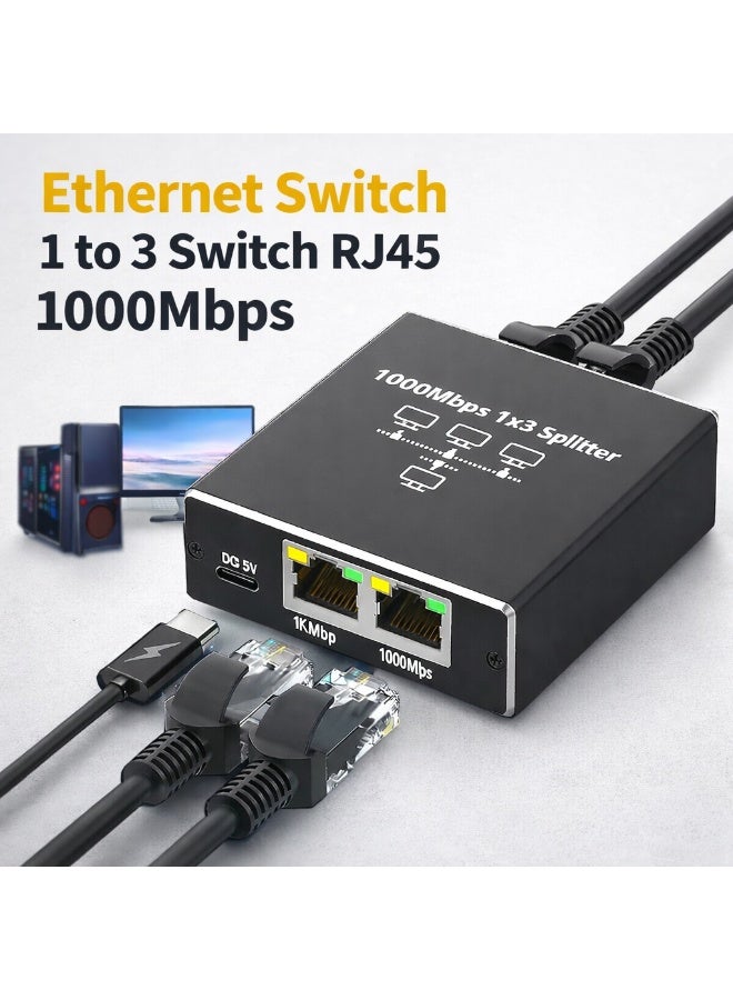 CABLE CONV Ethernet Switch 1 to 3 RJ45 Gigabit LAN Splitter 1000Mbps High Speed Network Adapter with USB Power for PC Laptop Router - Image 1
