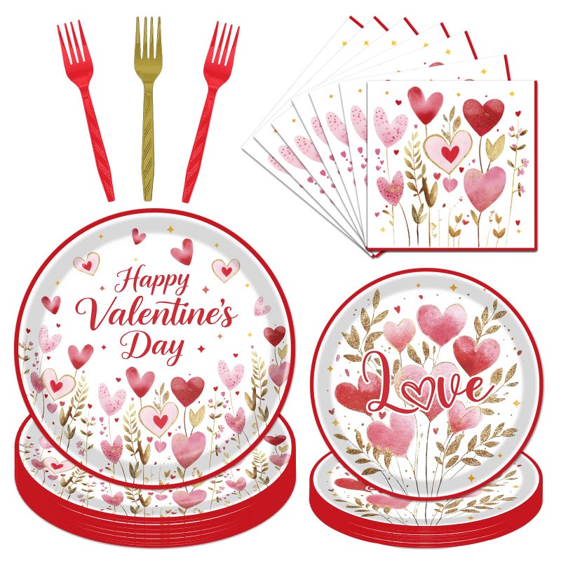 Rakuto Valentines Day Plates and Napkins Decorations, 96PCS Galentines Love Hearts Flower Party Tableware Decoration, Valentine's Day Sweet Love Dinner Forks Decor for Wedding Kitchen Dinner Supplies - Image 1