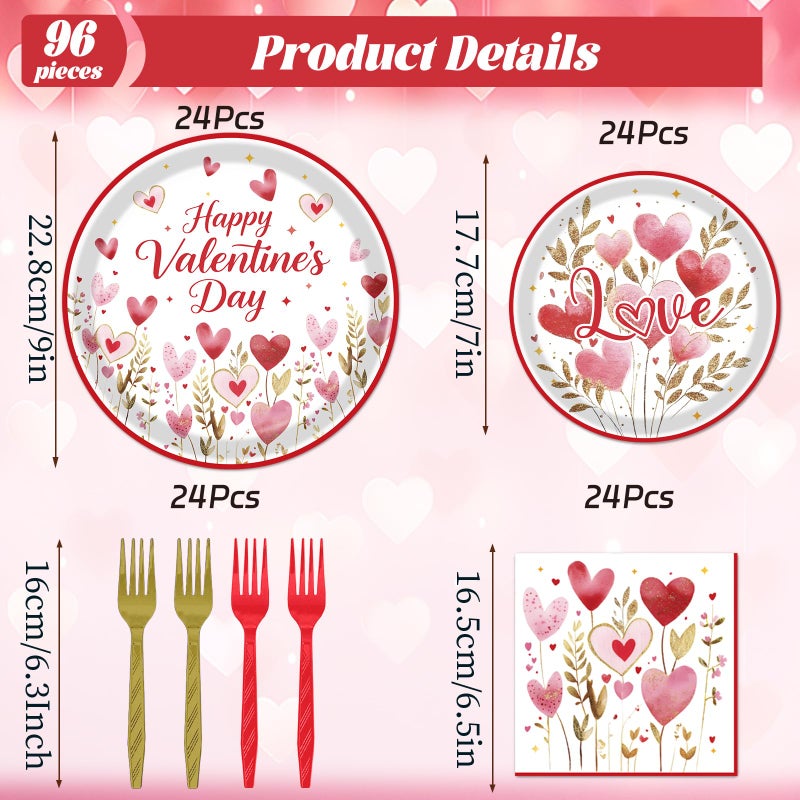 Rakuto Valentines Day Plates and Napkins Decorations, 96PCS Galentines Love Hearts Flower Party Tableware Decoration, Valentine's Day Sweet Love Dinner Forks Decor for Wedding Kitchen Dinner Supplies - Image 2