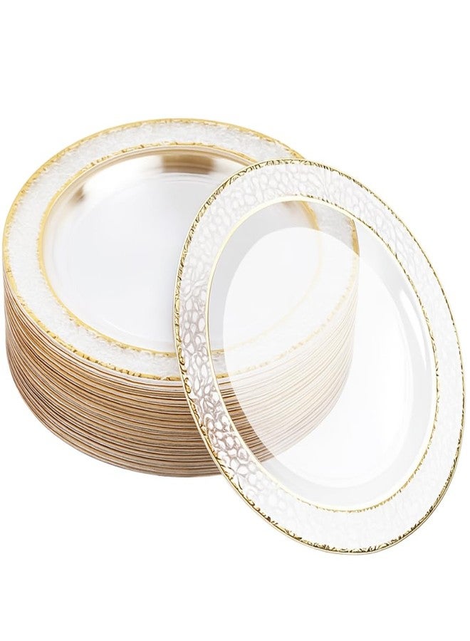 MATANA 20 Reusable 10 Inch Clear Plastic Party Plates Hammered Gold Rim - Premium Heavy Duty Dinner Plates, Elegant Fancy Plastic Plates for Wedding, Bridal Shower, Birthday Party, Events & Picnic - Image 1
