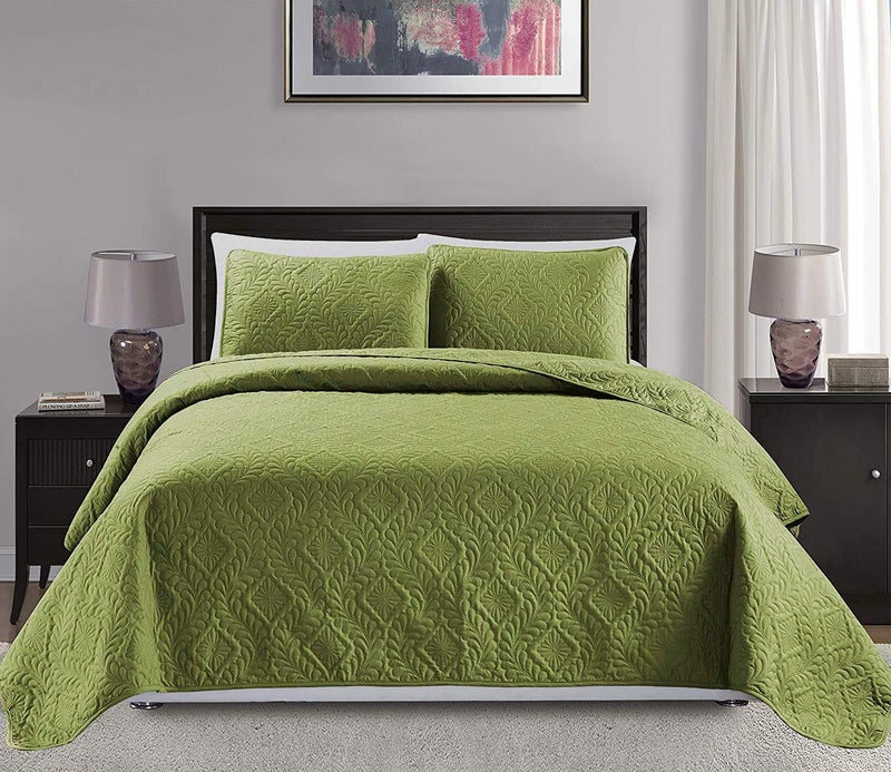 Mk Collection King/California King Over Size 118"x106" 3pc Diamond Bedspread Bed-Cover Embossed Solid Sage Green New