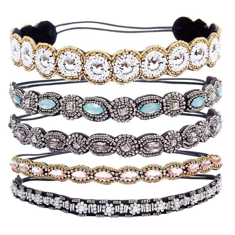Rhinestone Beaded Elastic Headband 5 Pcs Fashionable Style Crystal Beaded Hair Ties Handmade Jewely Headband for Women Girls Lady