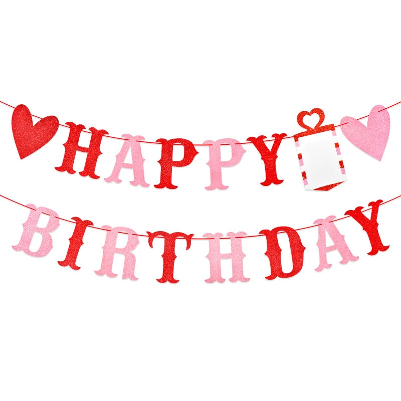 Photken Red and Pink Glitter Love Heart Happy Birthday Banner - Valentine's Themed Hanging Paper Garland Bunting Banner, Photo Backdrop for Wall Home Mantle Office Party Decorations - Image 1