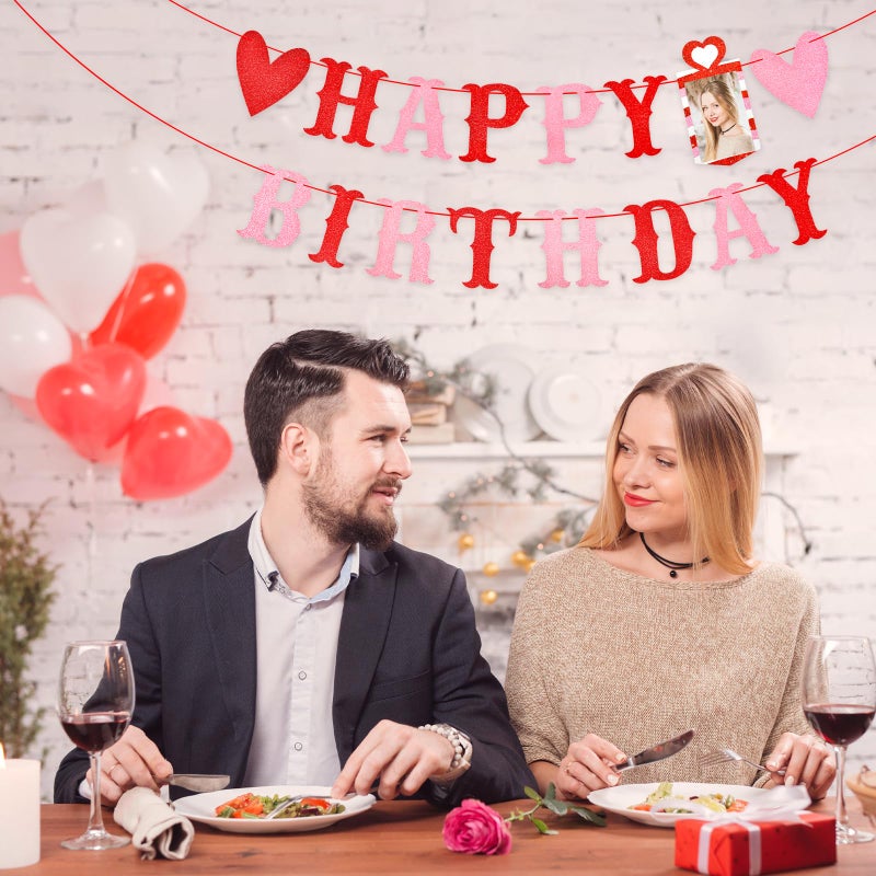 Photken Red and Pink Glitter Love Heart Happy Birthday Banner - Valentine's Themed Hanging Paper Garland Bunting Banner, Photo Backdrop for Wall Home Mantle Office Party Decorations - Image 5