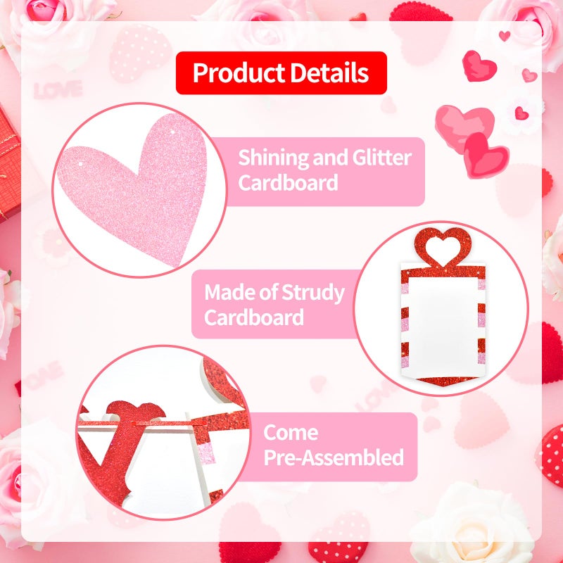 Photken Red and Pink Glitter Love Heart Happy Birthday Banner - Valentine's Themed Hanging Paper Garland Bunting Banner, Photo Backdrop for Wall Home Mantle Office Party Decorations - Image 3