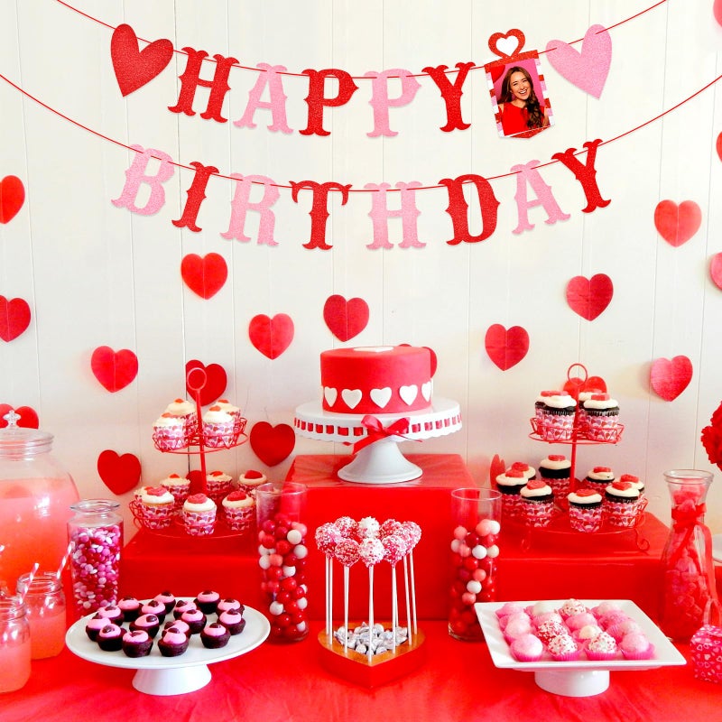 Photken Red and Pink Glitter Love Heart Happy Birthday Banner - Valentine's Themed Hanging Paper Garland Bunting Banner, Photo Backdrop for Wall Home Mantle Office Party Decorations - Image 4