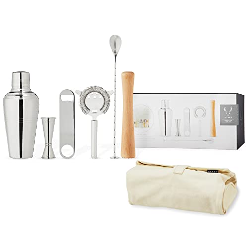 Viski Viski Travel Bartender Kit 6pc Set Drink Mixers for Cocktails Gift Essentials Classic Cobbler Shaker Hawthorne Strainer Bottle Opener Jigger Barspoon Muddler  Canvas Carry Bag 