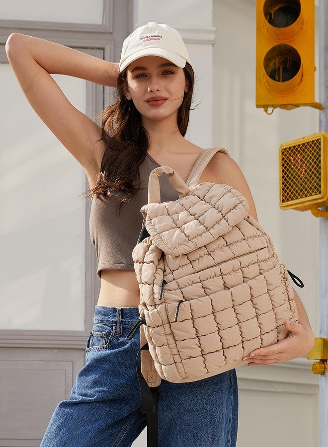 CLUCI Puffy Quilted Backpack for Women, Casual Lightweight Daypack for Women Travel (Khaki) - Image 2