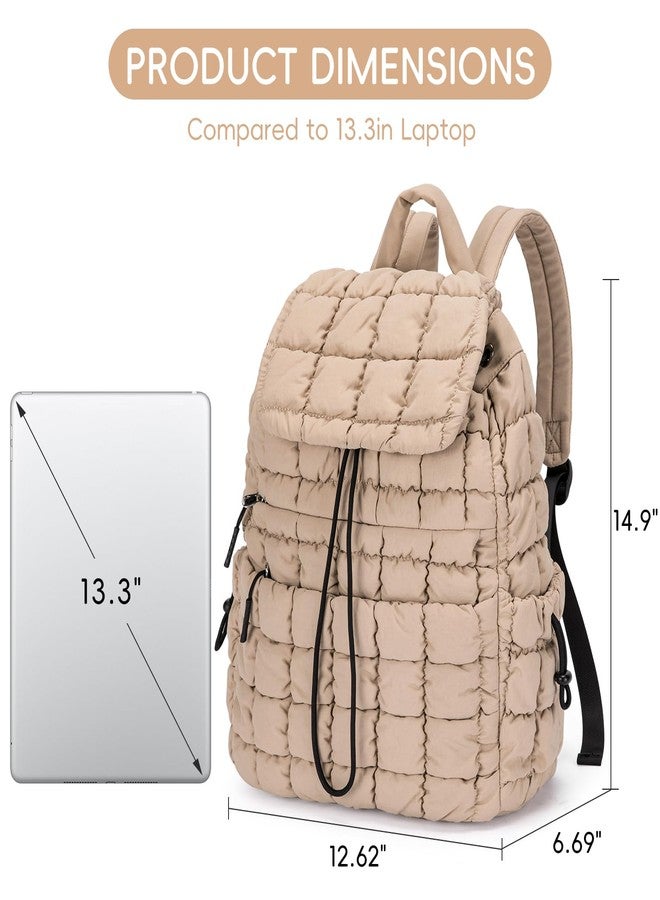 CLUCI Puffy Quilted Backpack for Women, Casual Lightweight Daypack for Women Travel (Khaki) - Image 4