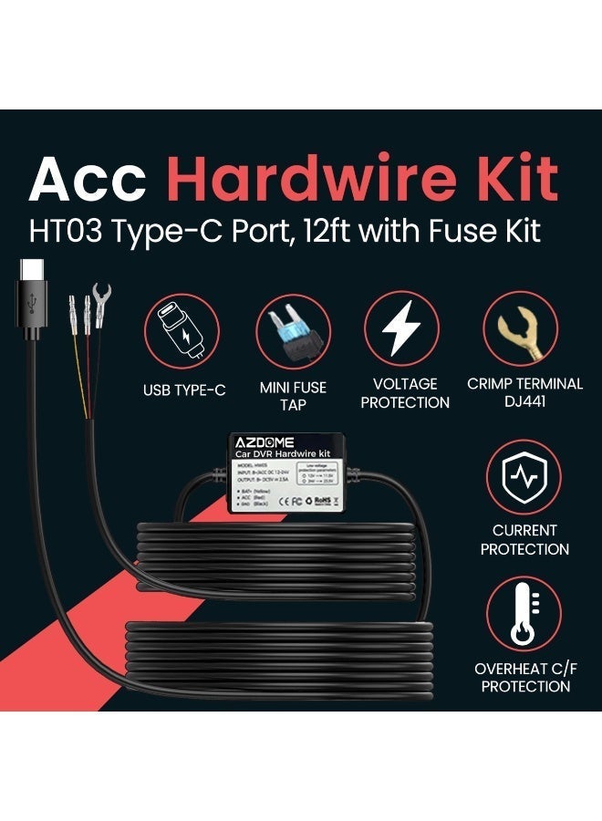 أزدوم طقم أسلاك HT03، منفذ من النوع C، لـ M300S/ M550 Pro/ M550 MAX/ M560/ M580، كابل 12 قدم مع مصهر، شاشة وقوف السيارات على مدار 24 ساعة، مصدر طاقة كاميرا لوحة القيادة من 12 فولت إلى 24 فولت إلى 5 فولت/2.5 أمبير - Image 2