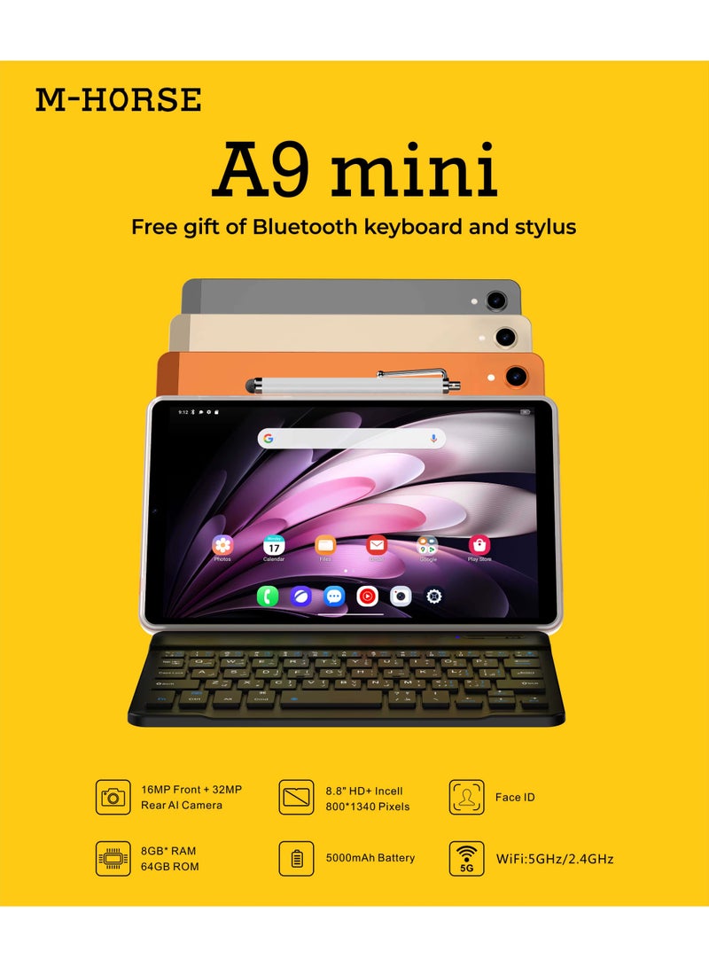 إم-هورس جهاز لوحي M-HORSE A9 MINI بنظام Android وشاشة 8.8 بوصة، مع لوحة مفاتيح ذكية تعمل بالبلوتوث وقلم، ذاكرة وصول عشوائي (RAM) سعة 8 جيجابايت، سعة تخزين 64 جيجابايت، واي فاي، شريحة اتصال (SIM)، لون برتقالي. - Image 2