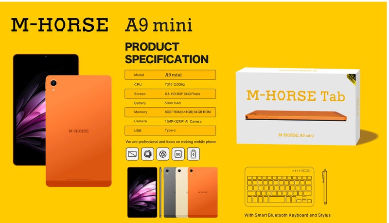 إم-هورس جهاز لوحي M-HORSE A9 MINI بنظام Android وشاشة 8.8 بوصة، مع لوحة مفاتيح ذكية تعمل بالبلوتوث وقلم، ذاكرة وصول عشوائي (RAM) سعة 8 جيجابايت، سعة تخزين 64 جيجابايت، واي فاي، شريحة اتصال (SIM)، لون برتقالي. - Image 5
