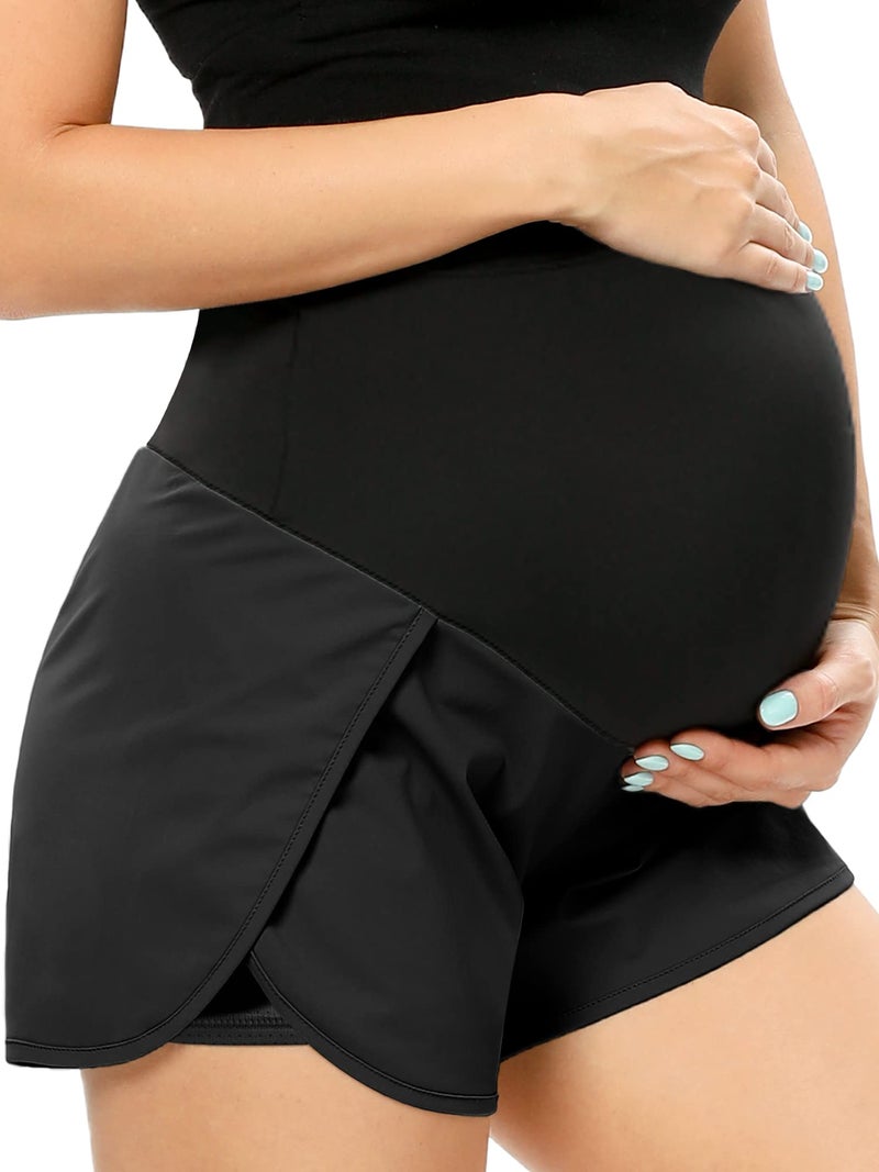 POSHGLAM Womenâ€˜s Maternity Shorts Over Belly Workout Running Casual Summer Pregnancy Shorts(Black, Small) - Image 1