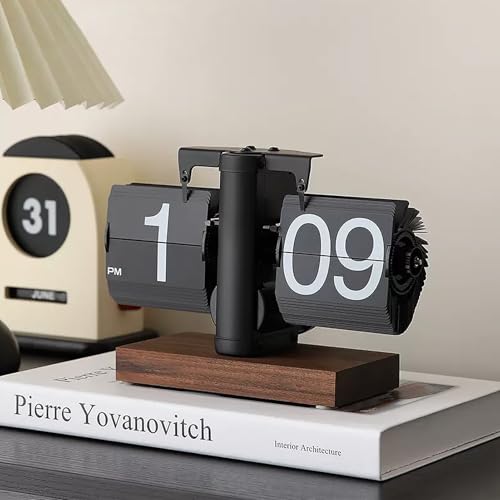 VBESTLIFE Retro Digital Flip Down Clock Battery Powered Internal Gear Operated Clock Classic Mechanical Black Walnut Base for Home Office DecorBlack - Image 1
