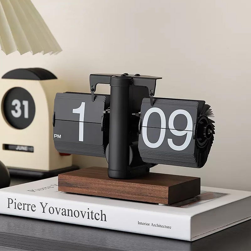 VBESTLIFE Retro Digital Flip Down Clock Battery Powered Internal Gear Operated Clock Classic Mechanical Black Walnut Base for Home Office DecorBlack - Image 2