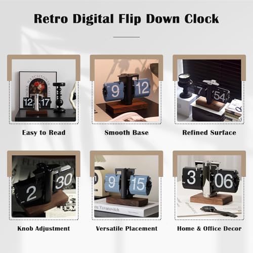 VBESTLIFE Retro Digital Flip Down Clock Battery Powered Internal Gear Operated Clock Classic Mechanical Black Walnut Base for Home Office DecorBlack - Image 3