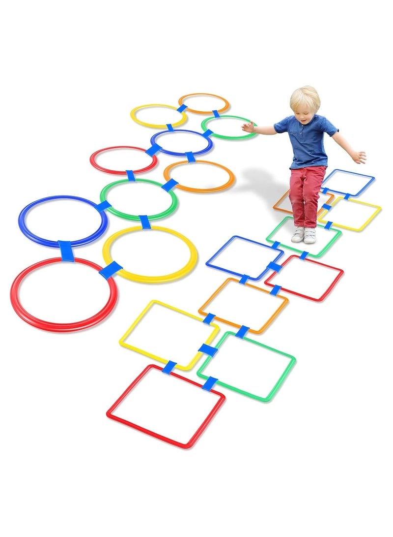Soofam 2 Sets Hopscotch Rings Game for Kids, 20 Plastic Square & Round Hoops with Connectors for Toddlers Gross Motor Skills, Playground Obstacle Course for Toddlers - Image 1