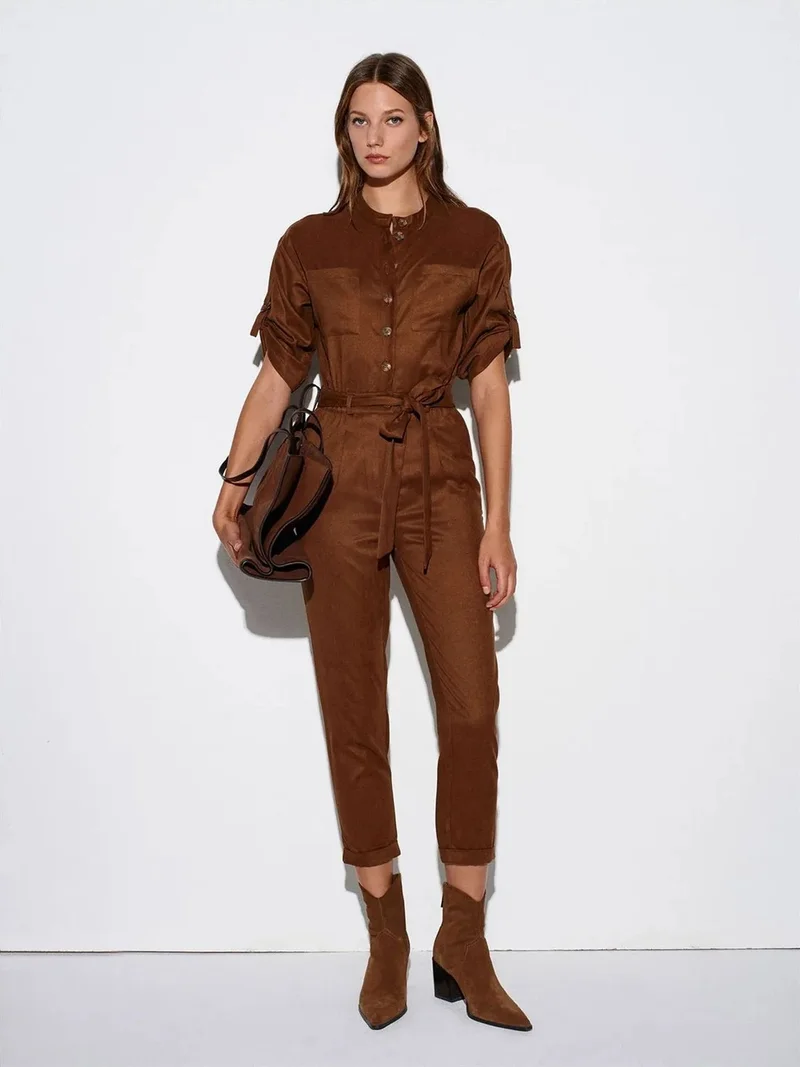 ديلفين DILVIN Straight-leg Satin Short-sleeve Jumpsuit