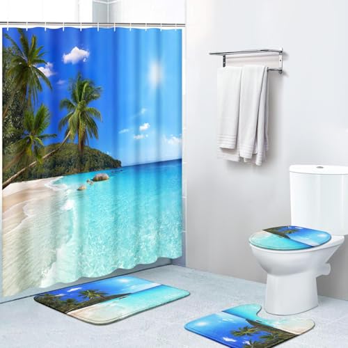 Britimes Britimes 4 Piece Shower Curtain Sets with 12 Hooks Tree Tropical Beach with NonSlip Rugs Toilet Lid Cover and Bath Mat for Bathroom Decor Set 72 x 72 