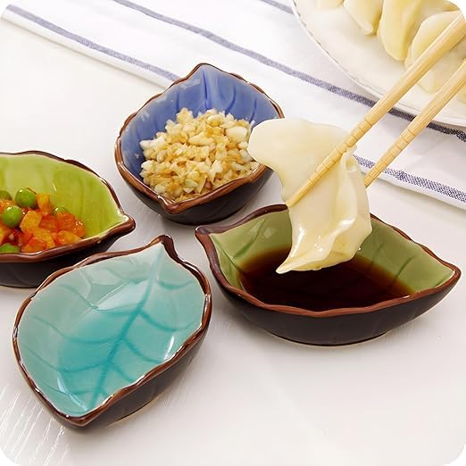 Krishva Ceramic LeafShaped Sauce Dishes 4 Pack Assorted Colours Mini Dipping Bowls for Sushi and Appetizers  - Image 2