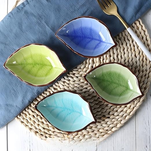 Krishva Ceramic LeafShaped Sauce Dishes 4 Pack Assorted Colours Mini Dipping Bowls for Sushi and Appetizers  - Image 4