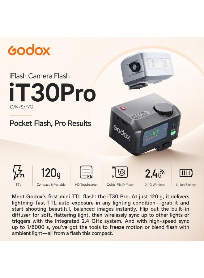 GODOX iT30 Pro S (2026) TTL Mini Flash for Sony with Diffuser—HSS 1/8000s 2.4G Wireless X System Master/Receiver Flash ＆ Trigger, 2.8" Full-Color Touchscreen for Sony ZV-E10 II, A6700, A7III - Image 2