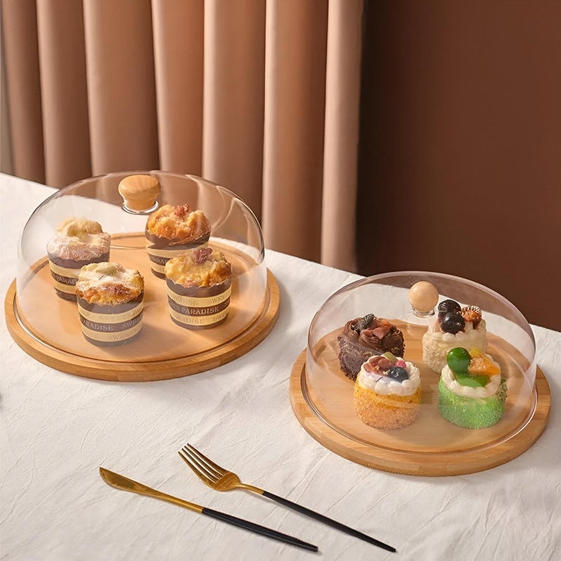 Sleek Cake Stand with Wooden Handle and Acrylic Dome - Durable and elegant 35cm cake holder with a shatterproof dome and wooden handle, perfect for a sophisticated presentation at any dining occasion. - Image 2
