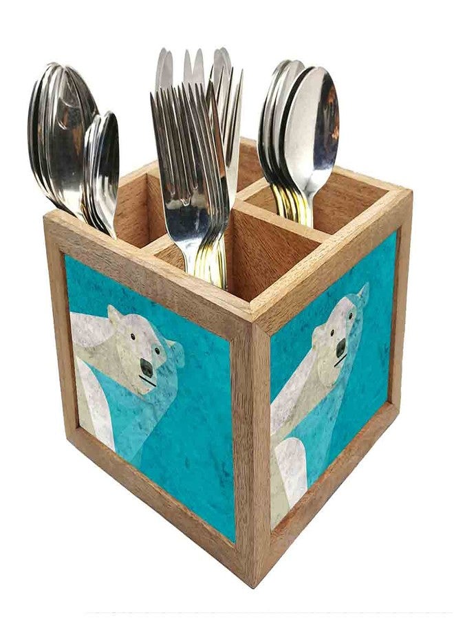 Nutcase Wooden Cutlery Stand Holder Silverware Caddy Spoons Forks Knives Organizer for Dining Table & Kitchen -Made in India-Spoons NOT Included - Polar - Image 1