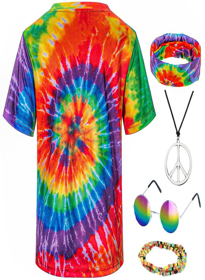 TOGROP Kids Hippie Costume for Boys Girls 60s 70s T-Shirt 5Pcs Set for Halloween Party 5-6T Colorful - Image 4