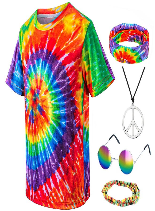 TOGROP Kids Hippie Costume for Boys Girls 60s 70s T-Shirt 5Pcs Set for Halloween Party 5-6T Colorful - Image 3