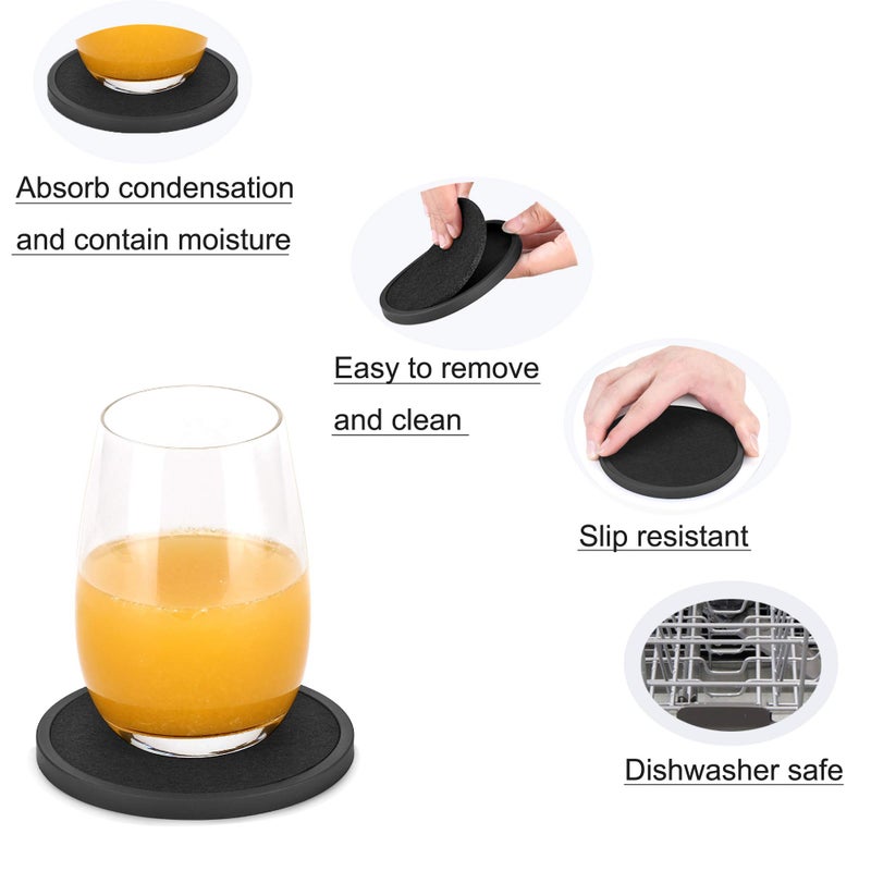 MECOWON Absorbent Coasters for Drinks with Holder - 6packs, Silicone Coaster with Soft Felt Insert, Black (Coasters with Holder, Black) - Image 3